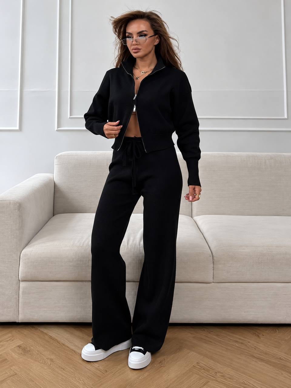 Zip-Through High Neck Cardigan And Wide-Leg Trouser Set – Black