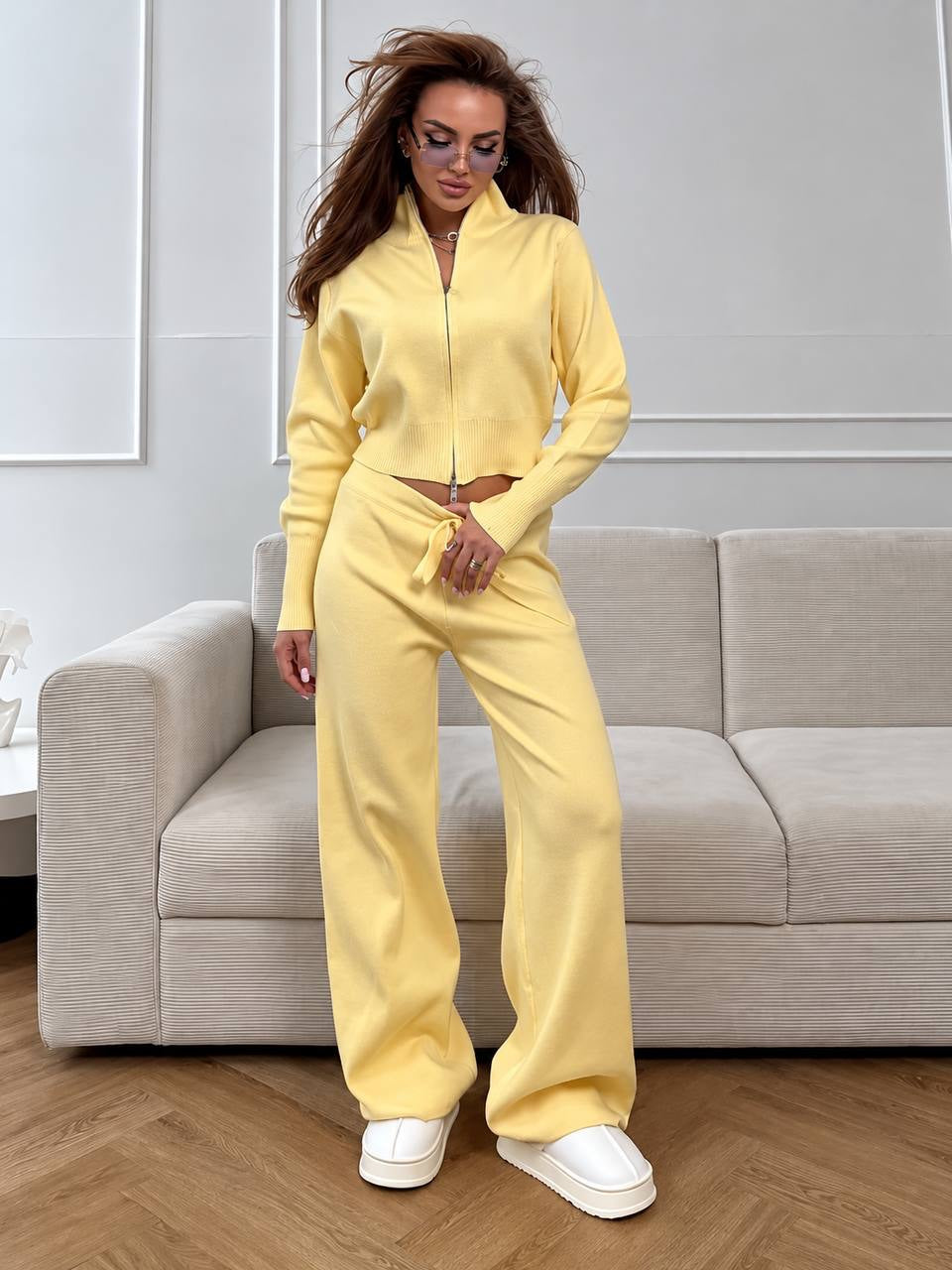 Zip-Through High Neck Cardigan And Wide-Leg Trouser Set – Yellow