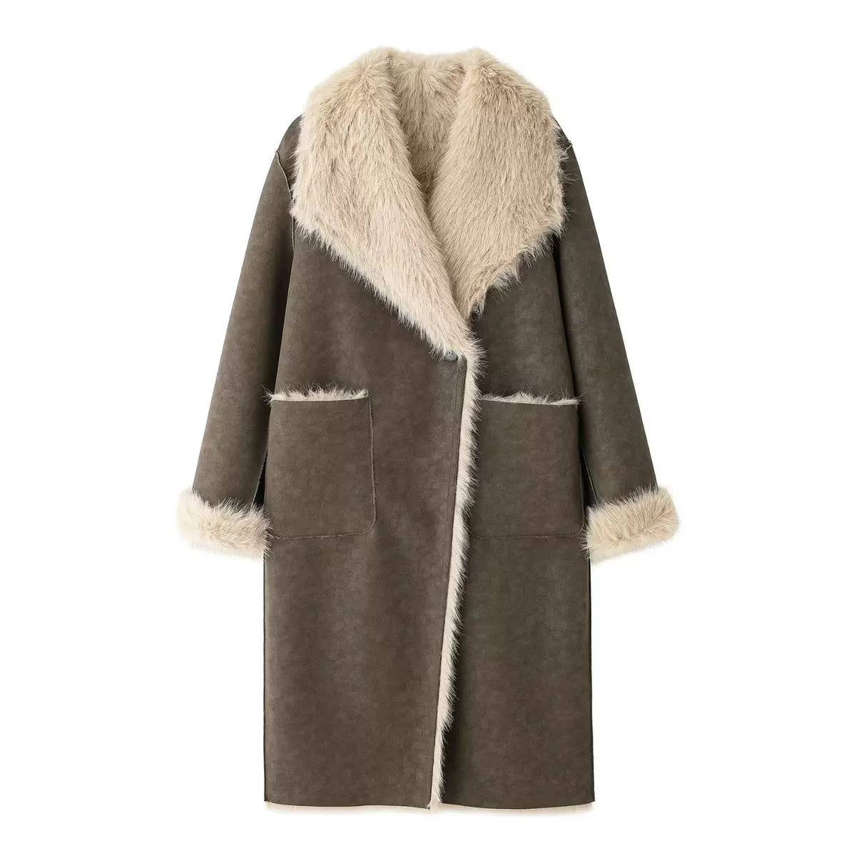 Longline Coat With Oversized Collar And Patch Pockets – Brown And Cream