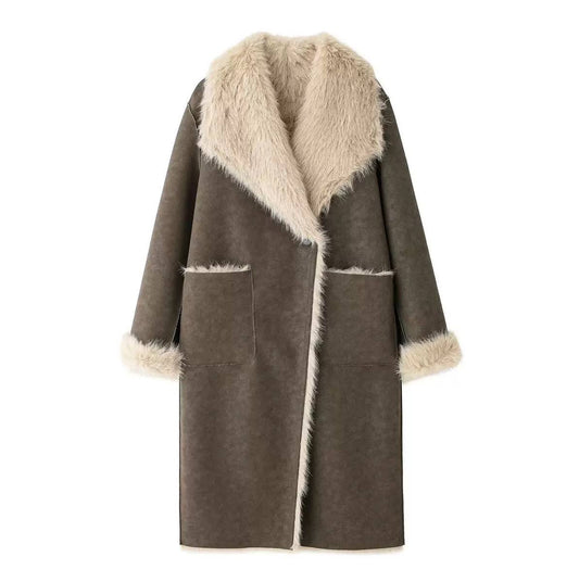 Longline Coat With Oversized Collar And Patch Pockets – Brown And Cream