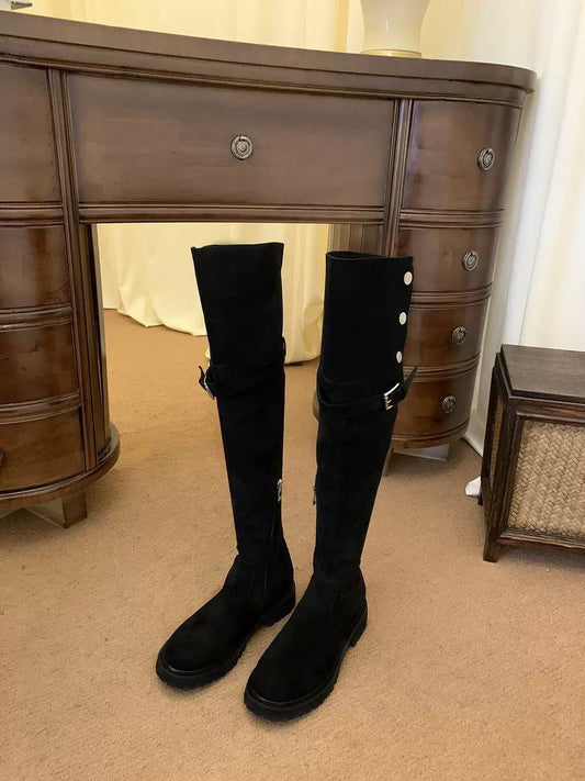 Tall Buckle Detail Boots With Chunky Tread Soles – Black