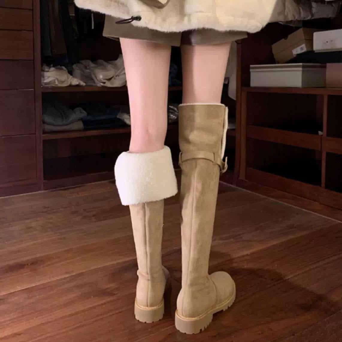 Tall Buckle Detail Boots With Chunky Tread Soles – Beige