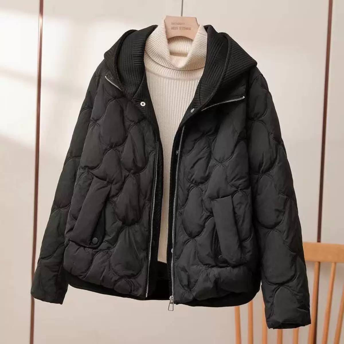 Hooded Quilted Jacket With Zip Front And Pockets – Black