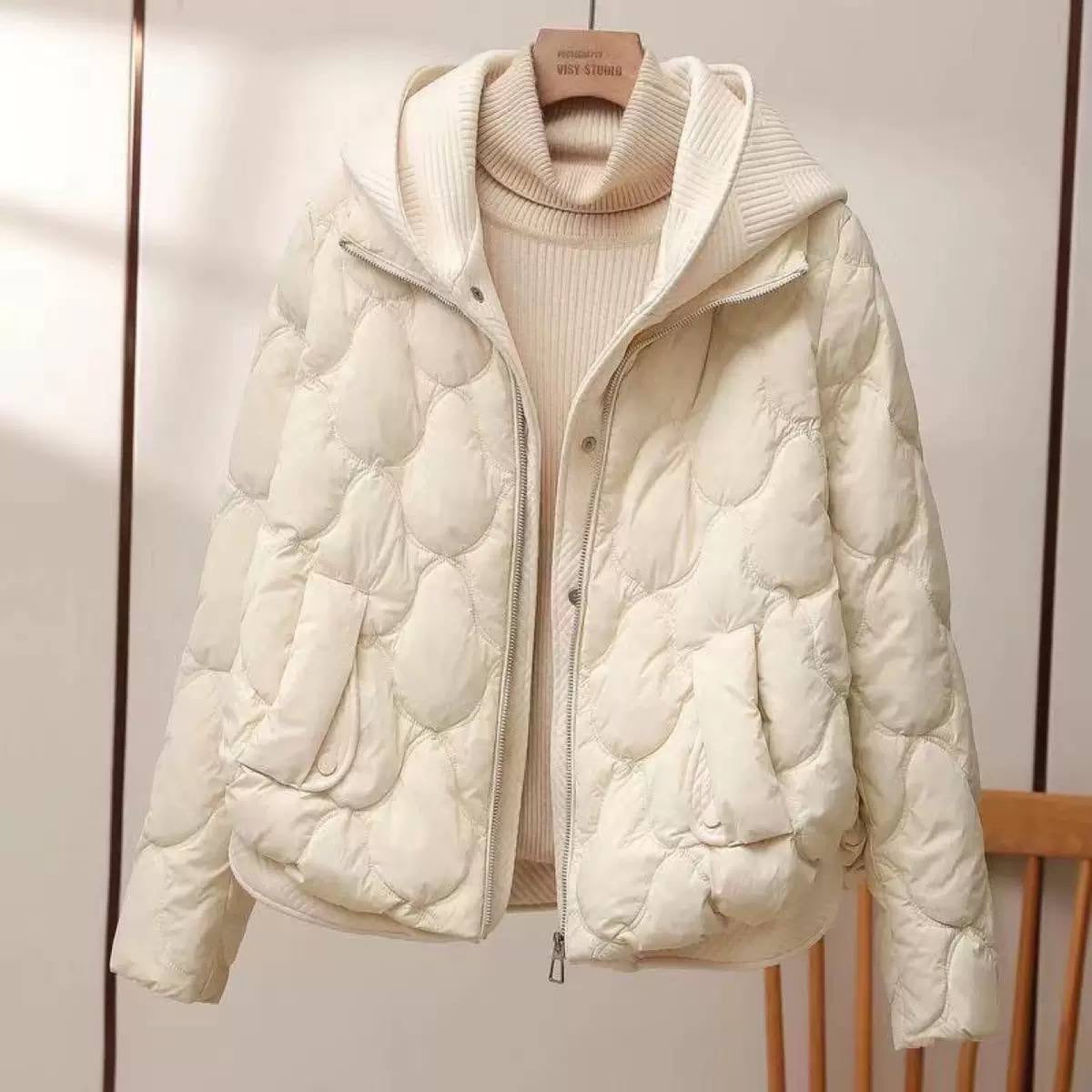 Hooded Quilted Jacket With Zip Front And Pockets – Cream