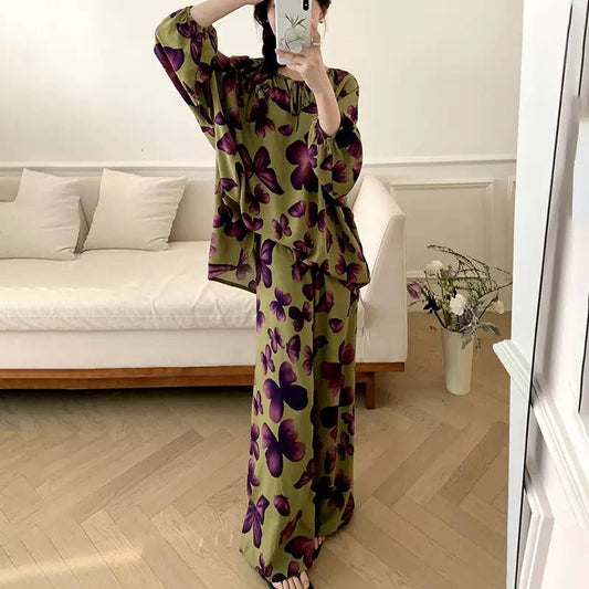 Printed Tie-Neck Pyjama Set With Wide-Leg Trousers – Olive Butterfly