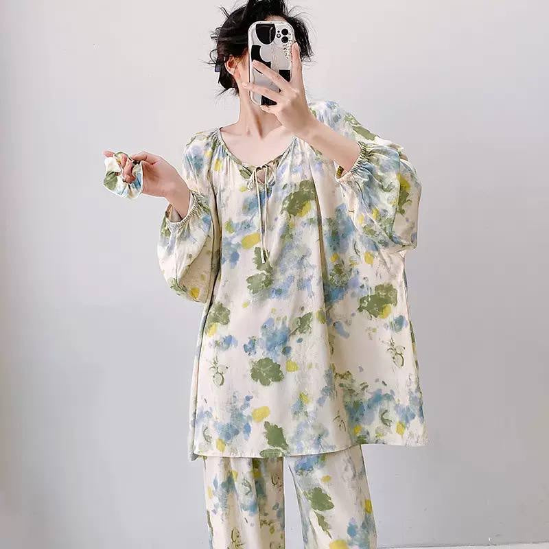 Printed Tie-Neck Pyjama Set With Wide-Leg Trousers – Cream Floral