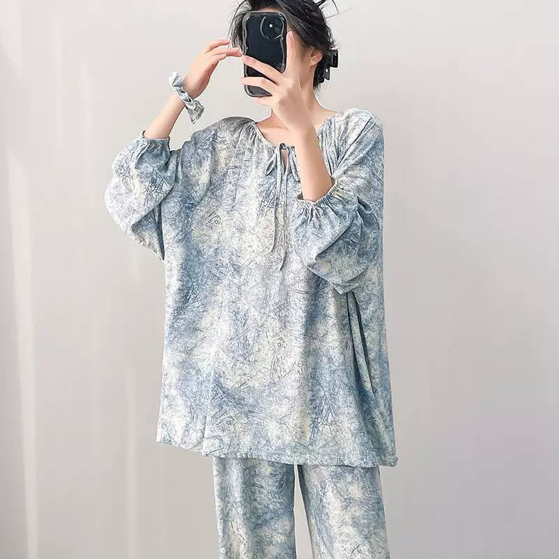 Printed Tie-Neck Pyjama Set With Wide-Leg Trousers – Light Blue Abstract