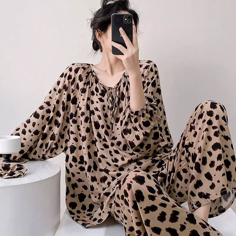Printed Tie-Neck Pyjama Set With Wide-Leg Trousers – Beige Leopard