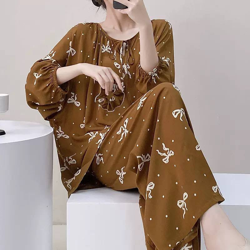 Printed Tie-Neck Pyjama Set With Wide-Leg Trousers – Brown Bow Print