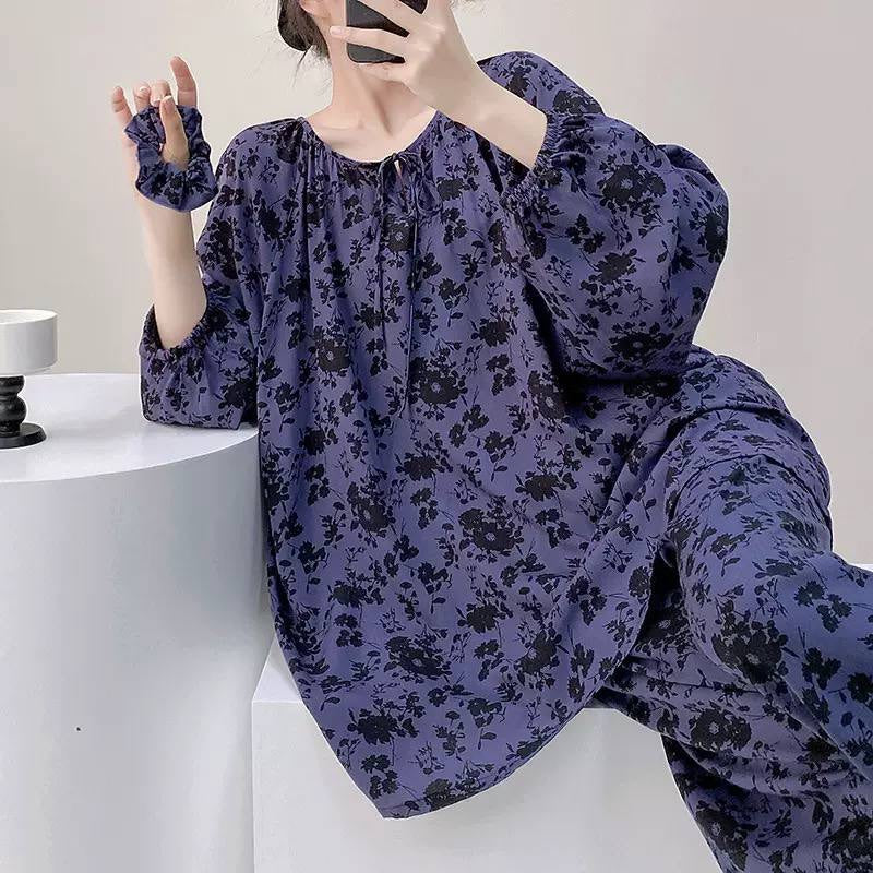Printed Tie-Neck Pyjama Set With Wide-Leg Trousers – Purple Floral