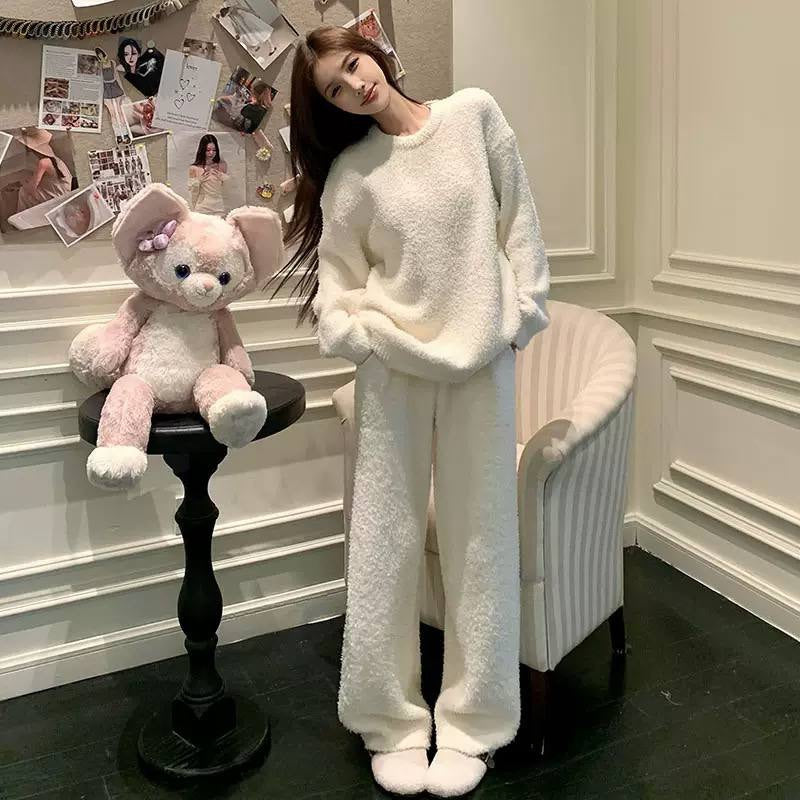Textured Round-Neck Jumper And Wide-Leg Trouser Set – White