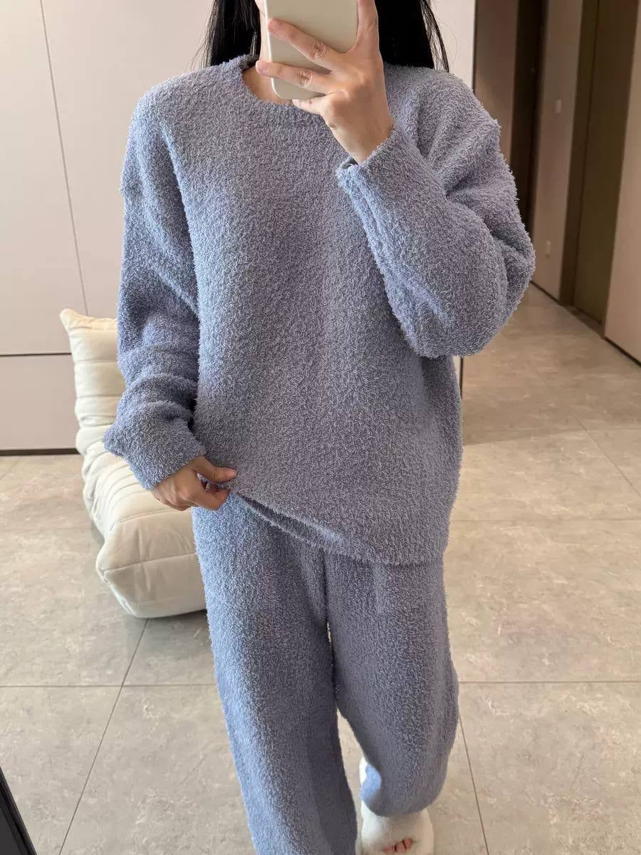 Textured Round-Neck Jumper And Wide-Leg Trouser Set – Light Blue