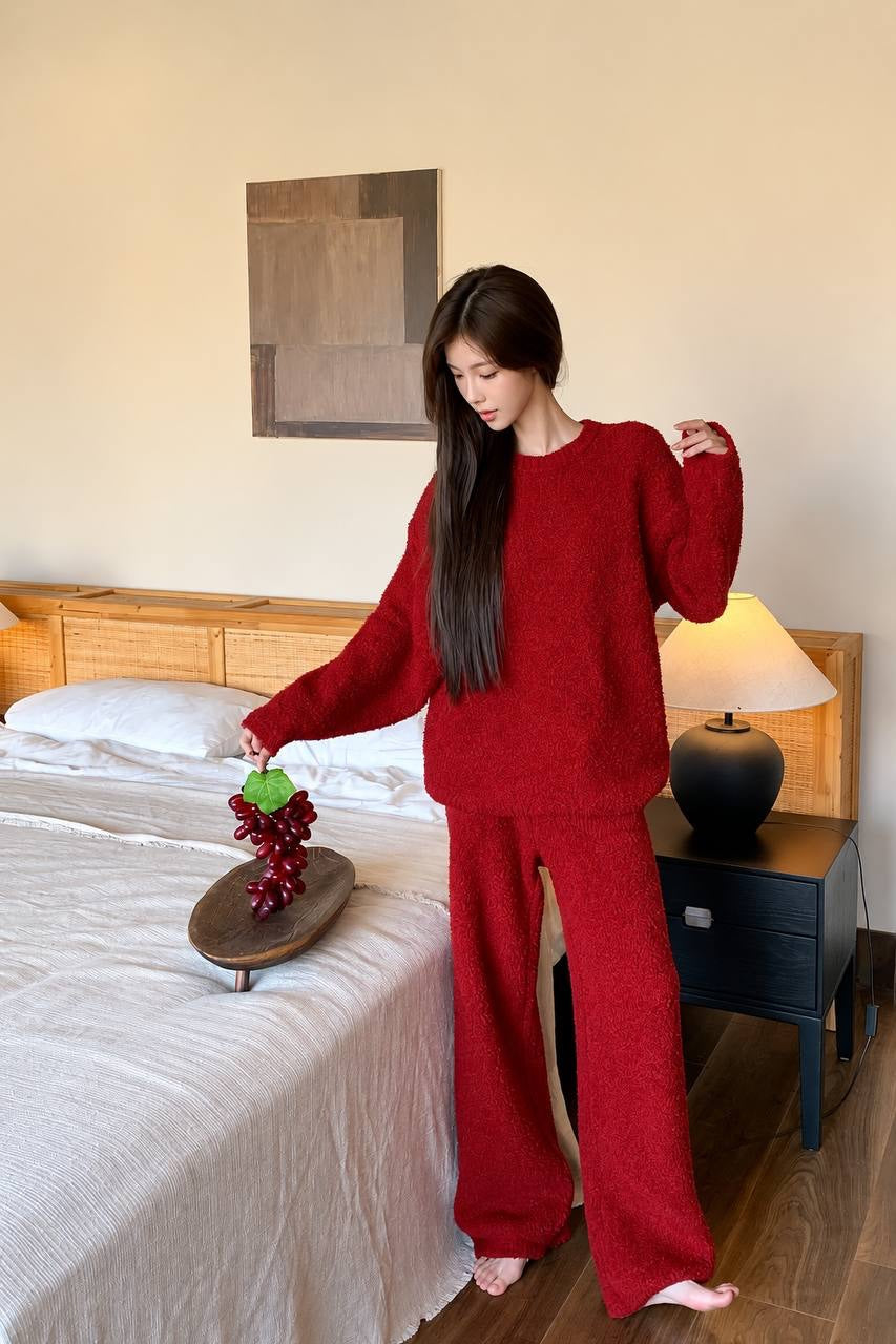 Textured Round-Neck Jumper And Wide-Leg Trouser Set – Red