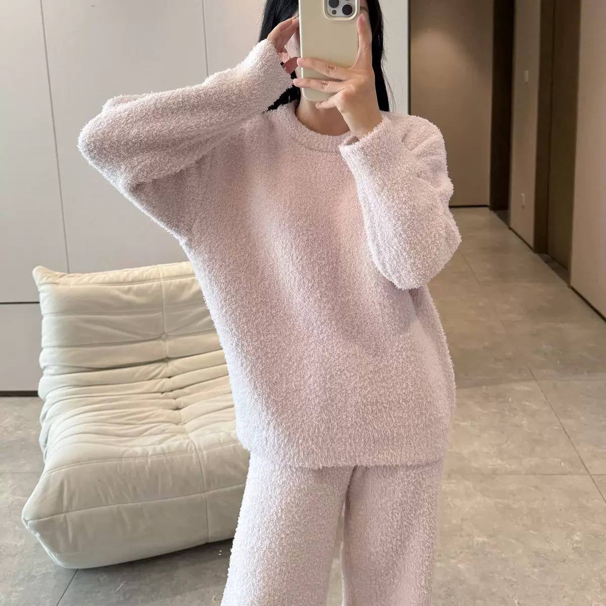 Textured Round-Neck Jumper And Wide-Leg Trouser Set – Light Pink