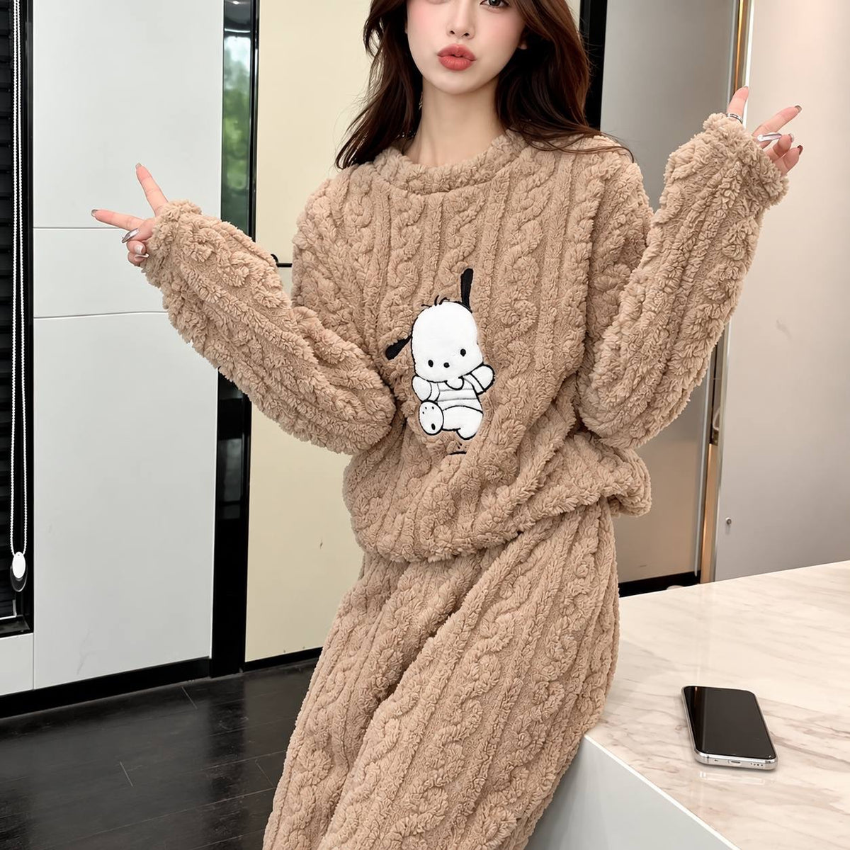 Textured Long Sleeve Pyjama Set With Dog Motif – Beige