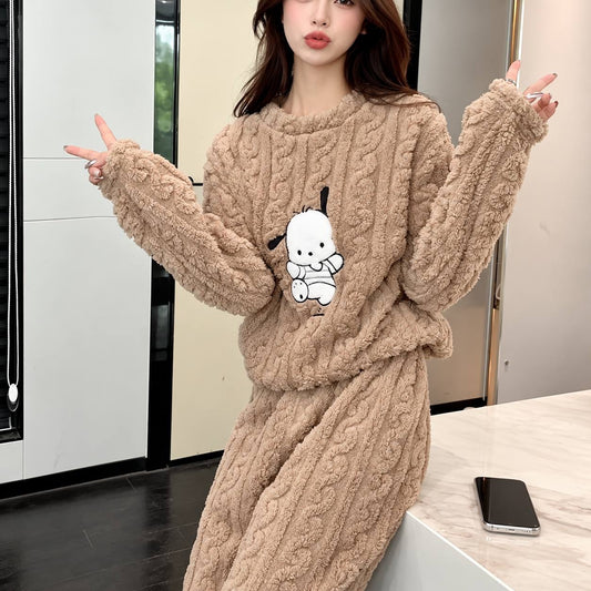Textured Long Sleeve Pyjama Set With Dog Motif – Beige