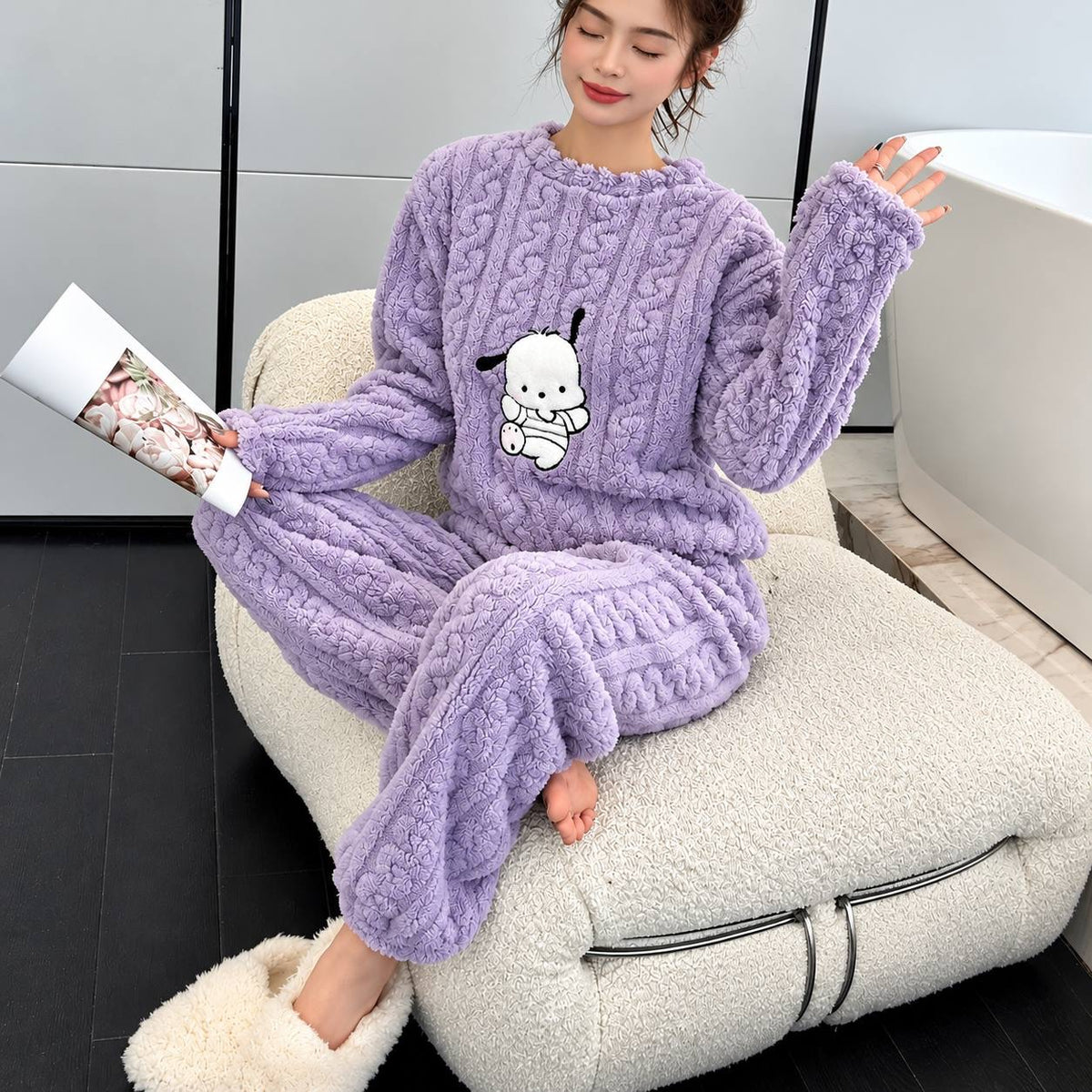 Textured Long Sleeve Pyjama Set With Dog Motif – Lilac