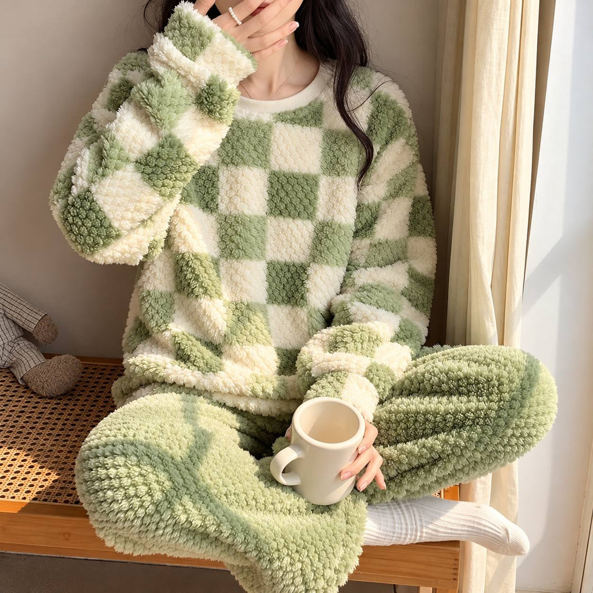 Relaxed Check Pyjama Set With Long Sleeves – Green Check