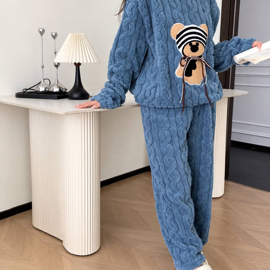 Textured Bear Motif Pyjama Set With Long Sleeves – Blue