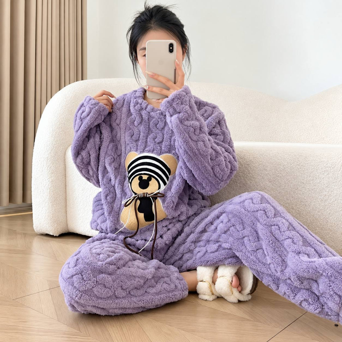 Textured Bear Motif Pyjama Set With Long Sleeves – Lilac