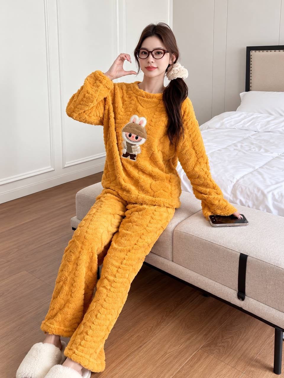 Textured Long Sleeve Pyjama Set With Character Motif – Mustard Yellow