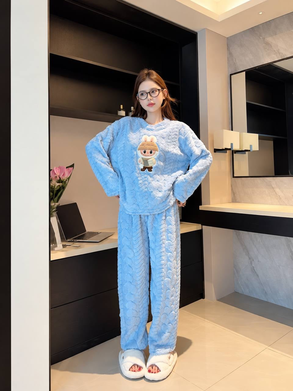 Textured Long Sleeve Pyjama Set With Character Motif – Light Blue
