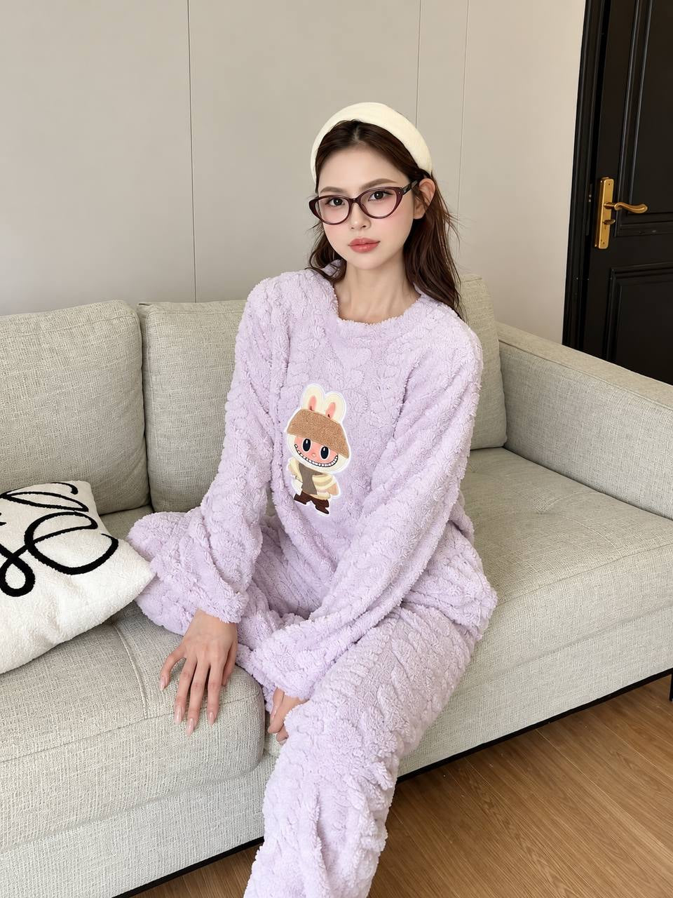 Textured Long Sleeve Pyjama Set With Character Motif – Lilac