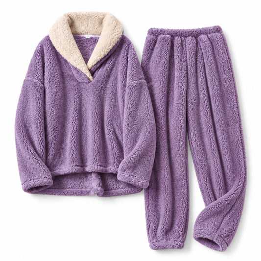 Relaxed Shawl Collar Long Sleeve Pyjama Set – Purple