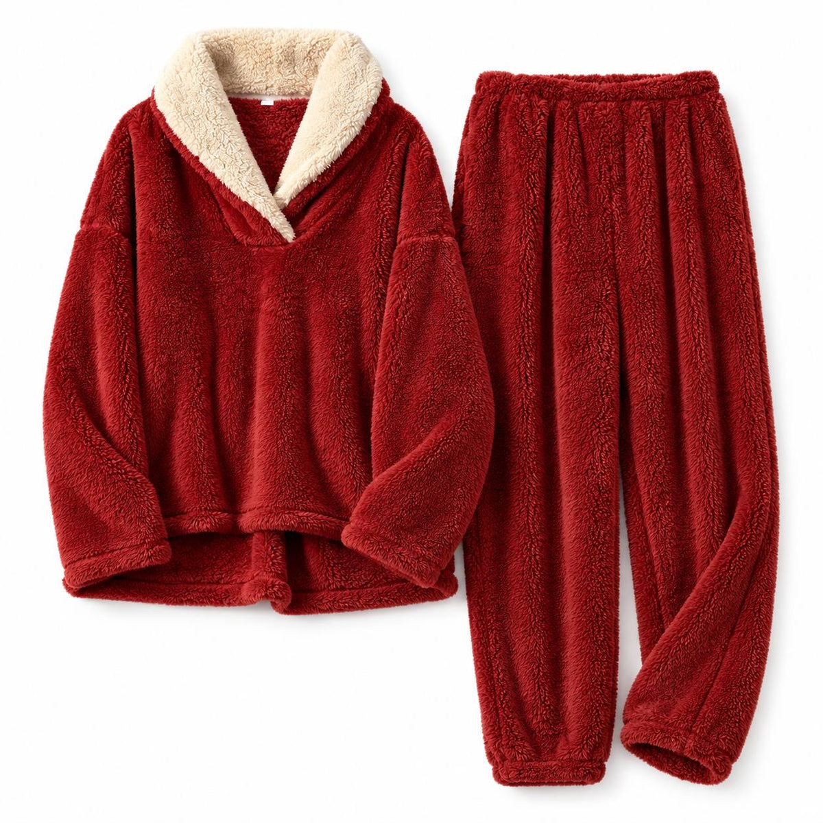 Relaxed Shawl Collar Long Sleeve Pyjama Set – Red