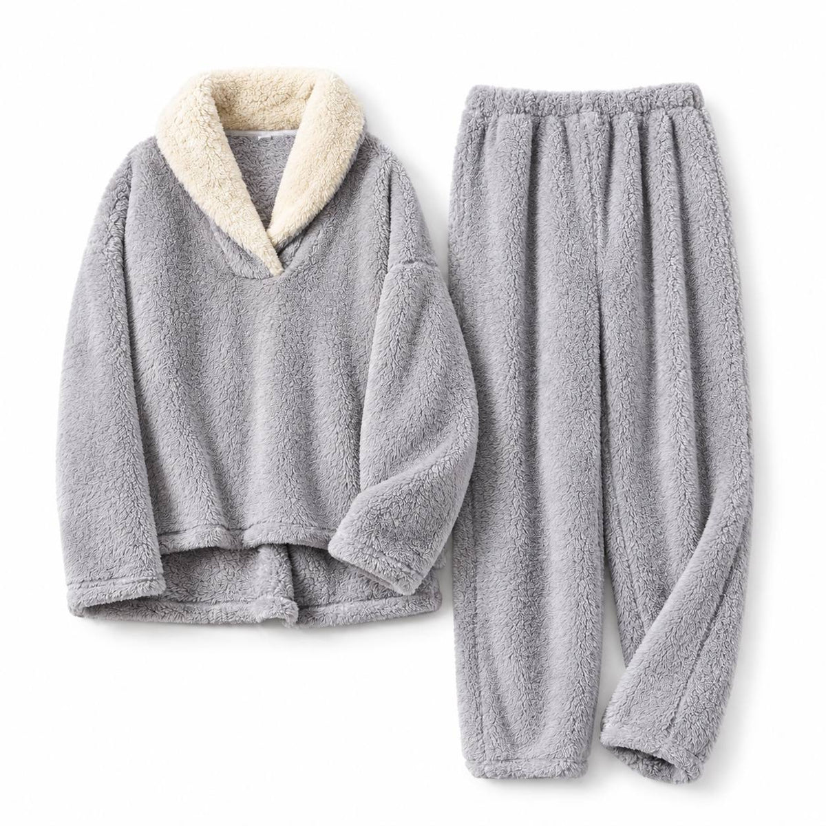 Relaxed Shawl Collar Long Sleeve Pyjama Set – Grey