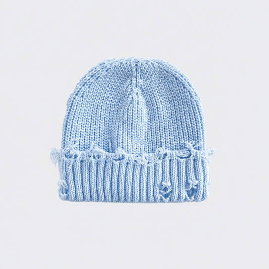 Distressed Ribbed Knit Beanie With Turn-Up Cuff – Light Blue