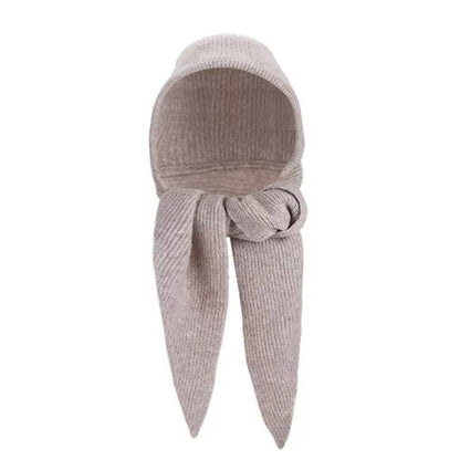Knitted Hooded Scarf With Long Tapered Ends – Beige