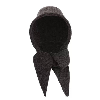 Knitted Hooded Scarf With Long Tapered Ends – Charcoal