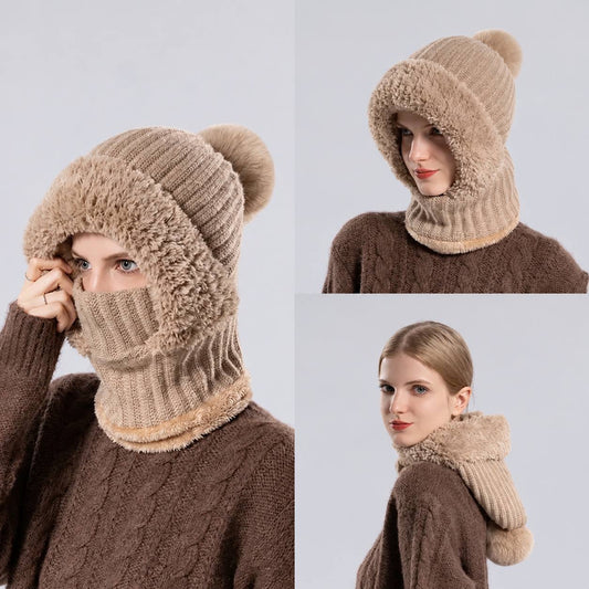 Ribbed Hooded Snood With Pom-Pom And Fluffy Trim – Beige