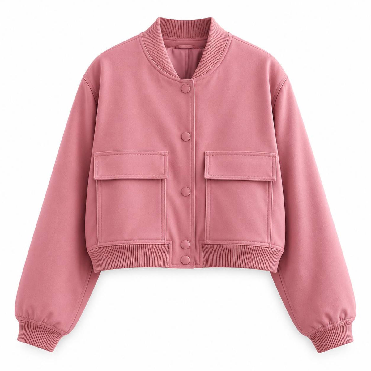 Cropped Press-Stud Bomber Jacket With Ribbed Trims And Pockets – Pink