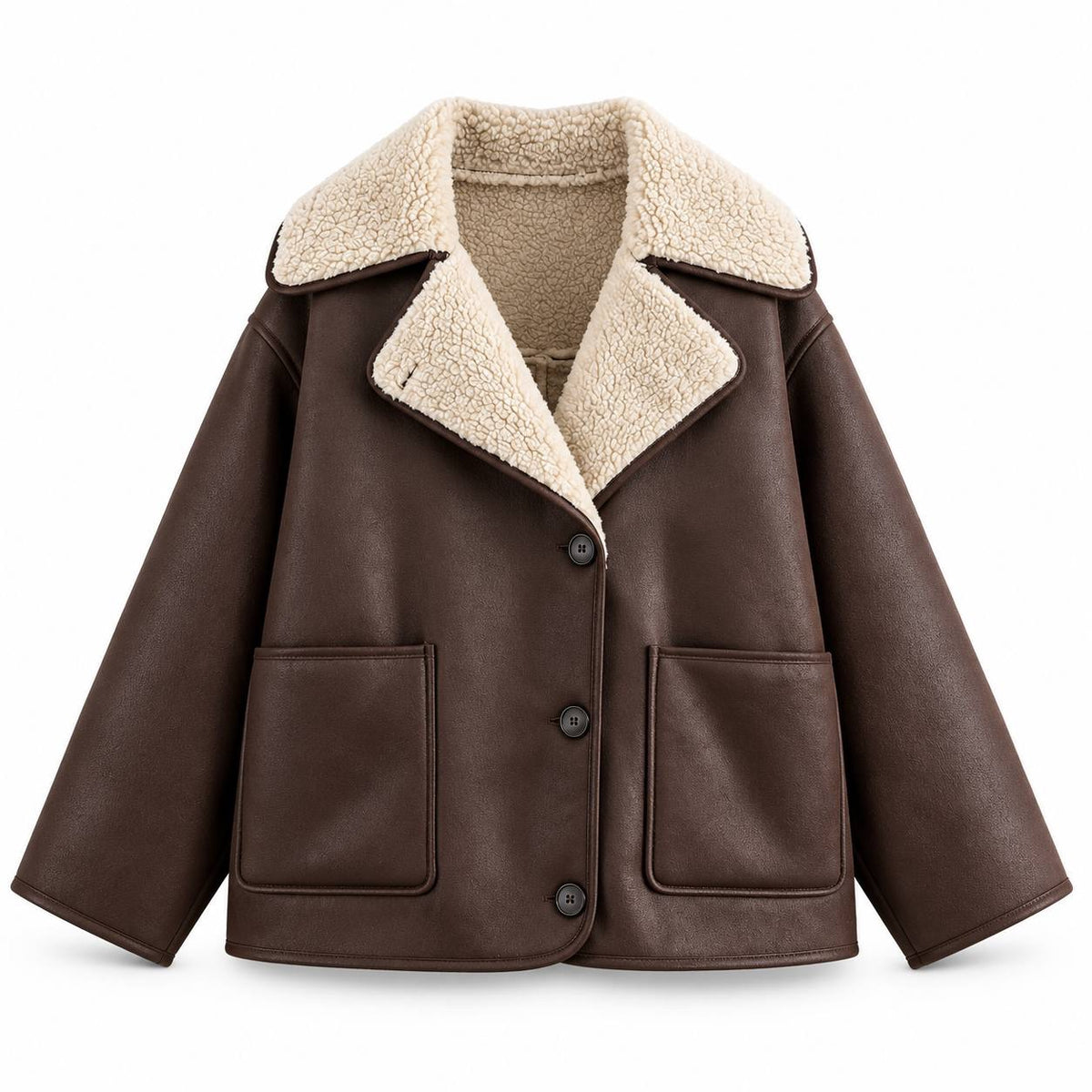 Relaxed Button-Front Jacket With Textured Wide Lapels – Brown