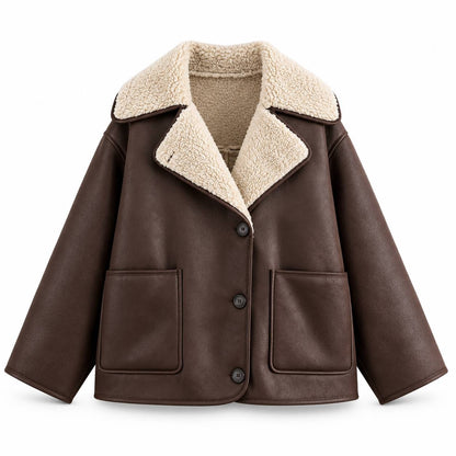 Relaxed Button-Front Jacket With Textured Wide Lapels – Brown