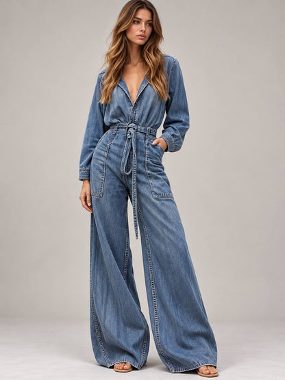 Long Sleeve Wide Leg Jumpsuit With Tie Waist – Blue