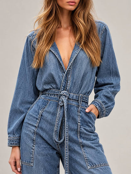 Long Sleeve Wide Leg Jumpsuit With Tie Waist – Blue