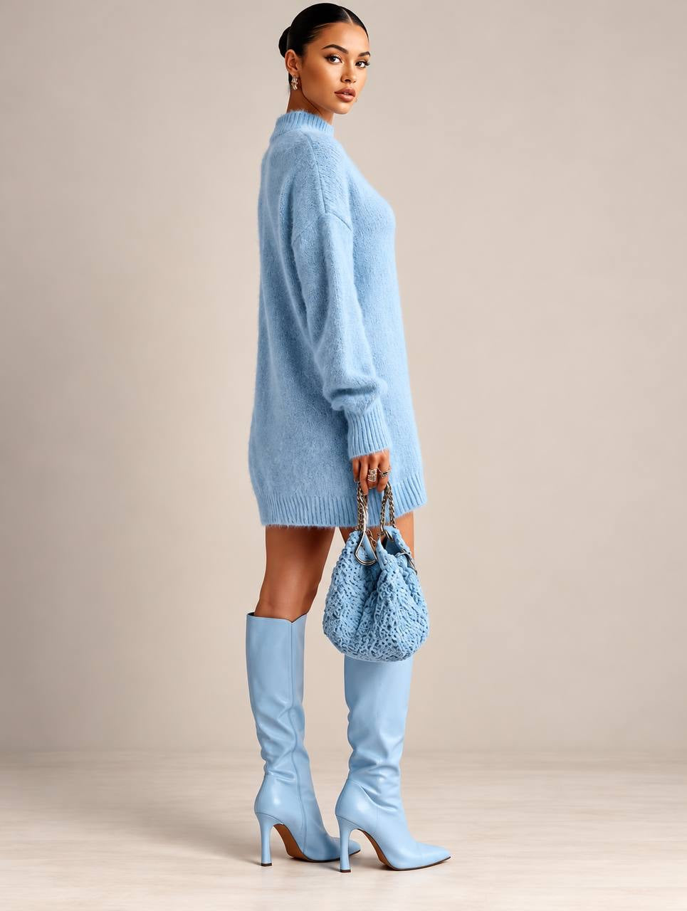 Relaxed High Neck Jumper Dress With Ribbed Trims – Light Blue