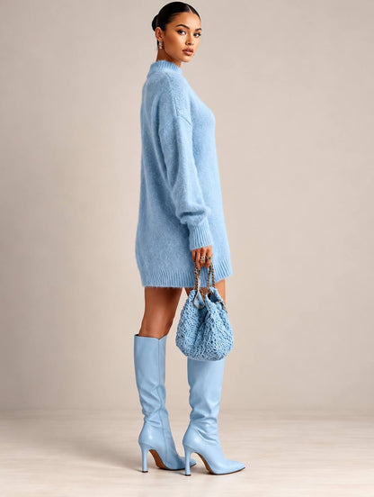 Relaxed High Neck Jumper Dress With Ribbed Trims – Light Blue