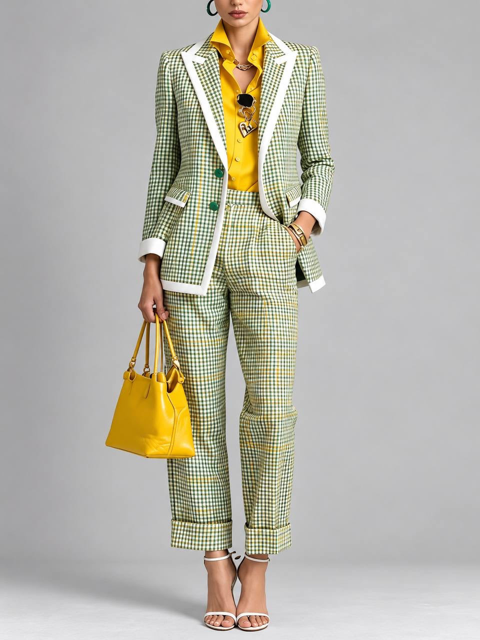 Contrast Trim Checked Blazer and Trouser Set – Green Check