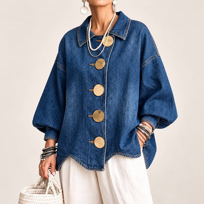 Relaxed Collared Jacket With Balloon Sleeves And Oversized Buttons – Blue