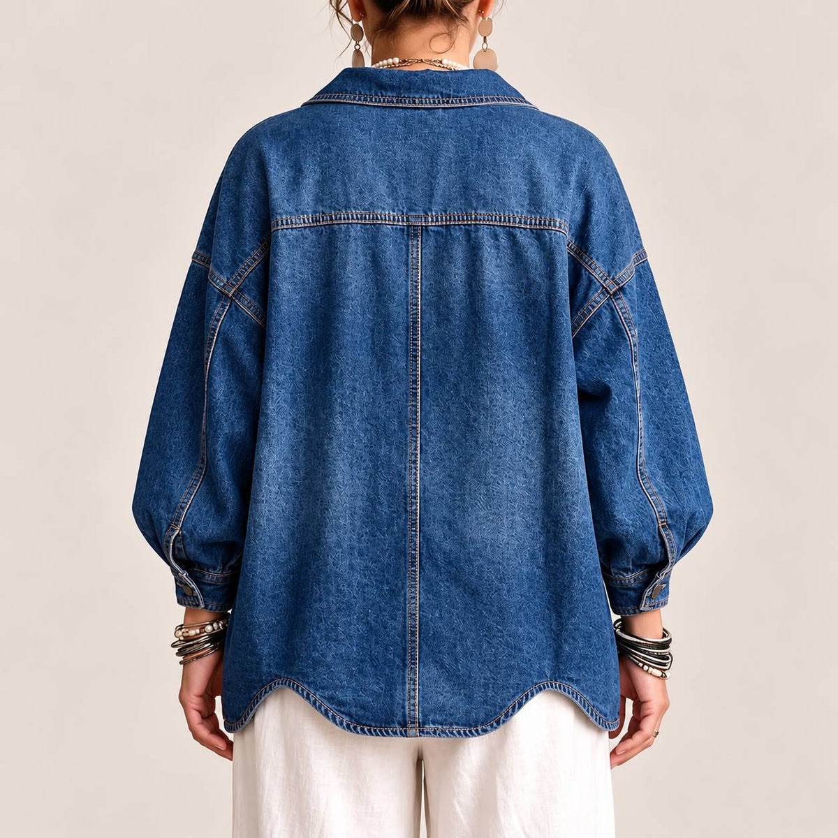 Relaxed Collared Jacket With Balloon Sleeves And Oversized Buttons – Blue