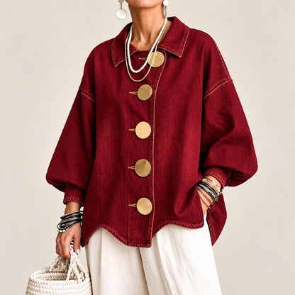 Relaxed Collared Jacket With Balloon Sleeves And Oversized Buttons – Burgundy