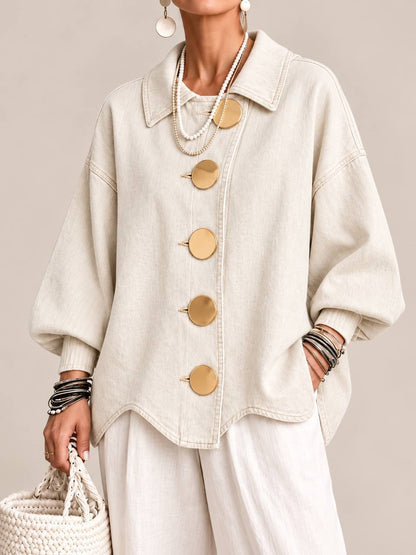 Relaxed Collared Jacket With Balloon Sleeves And Oversized Buttons – Cream