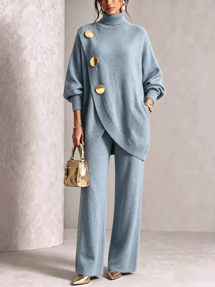 Roll Neck Button-Detail Jumper And Wide-Leg Trouser Set – Light Blue