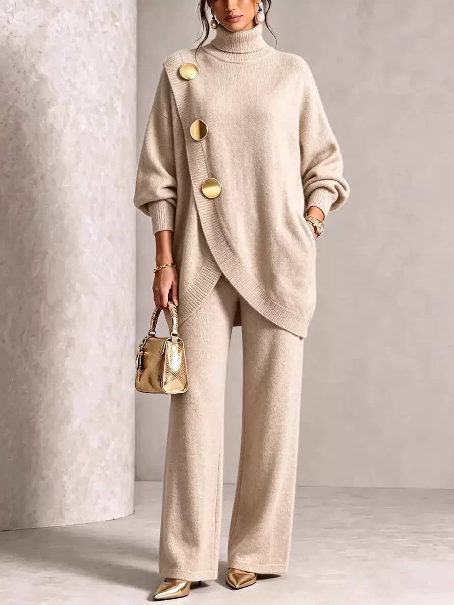 Roll Neck Button-Detail Jumper And Wide-Leg Trouser Set – Beige