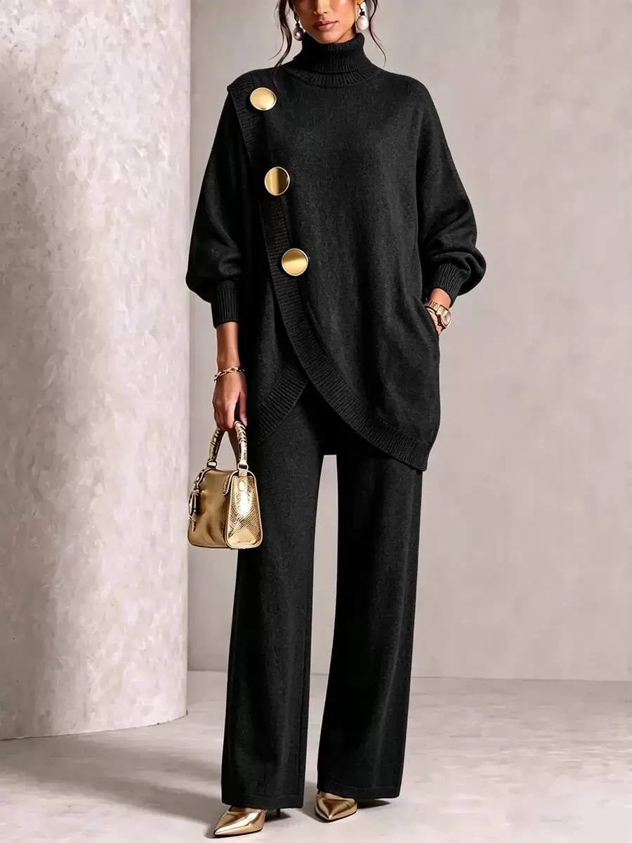Roll Neck Button-Detail Jumper And Wide-Leg Trouser Set – Black