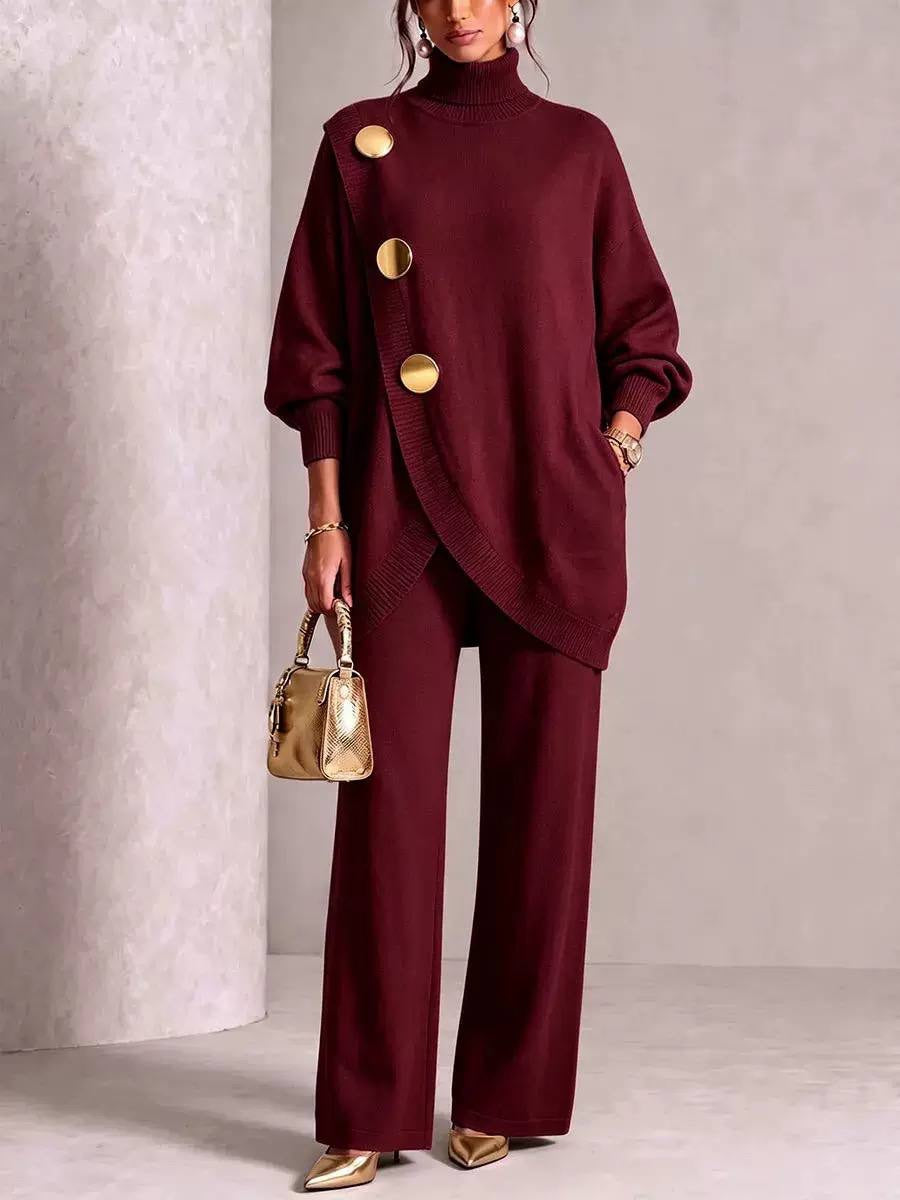Roll Neck Button-Detail Jumper And Wide-Leg Trouser Set – Burgundy